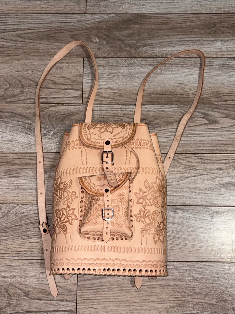 Hand-Tooled Leather Backpack in Natural Tan